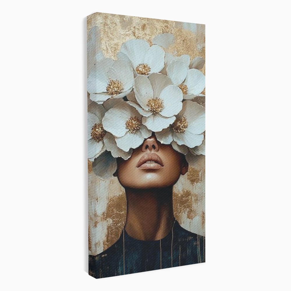 Tablou canvas cu tablou canvas portret feminin cu flori, fara rama, pe sasiu de lemn
